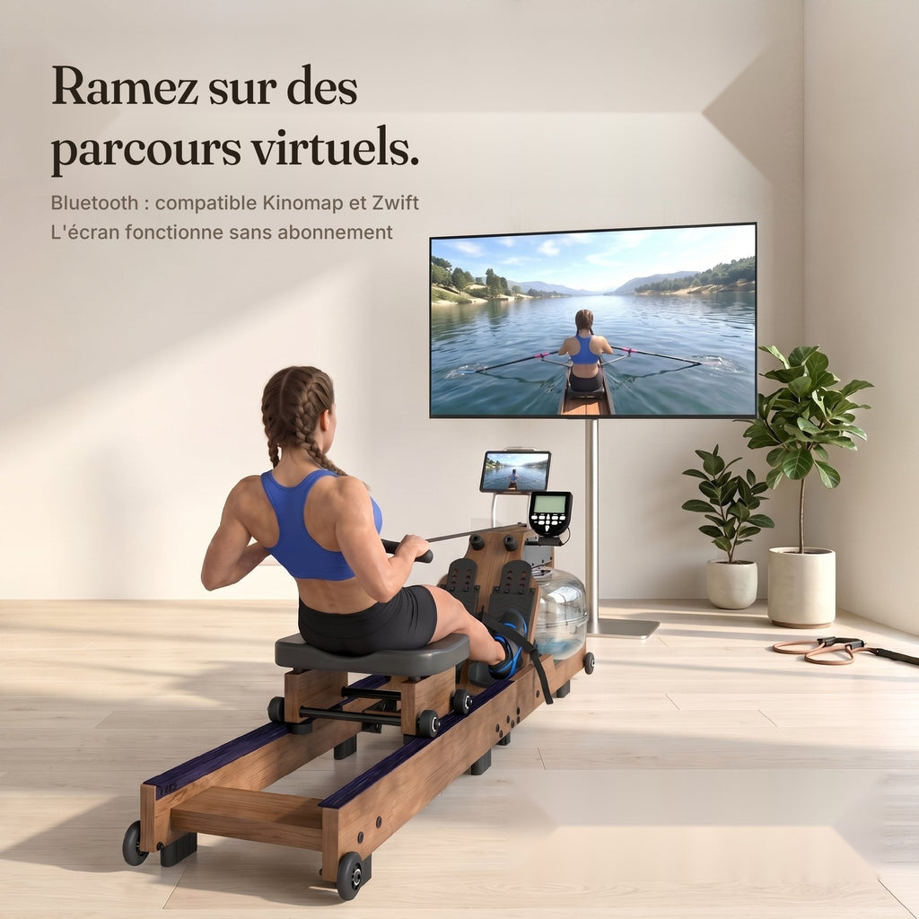 Séance de rameur connectée en Bluetooth à un parcours virtuel sur écran, compatible Kinomap et Zwift