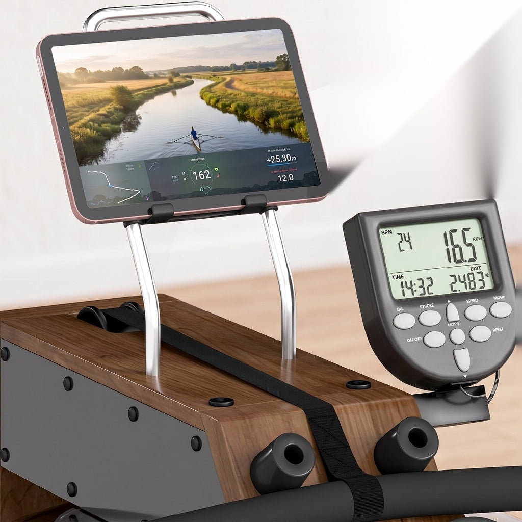 Écran LCD du rameur (temps, distance, cadence, calories) et support pour tablette