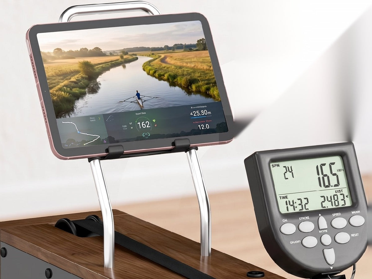 Écran LCD et support pour tablette du rameur à eau en bois