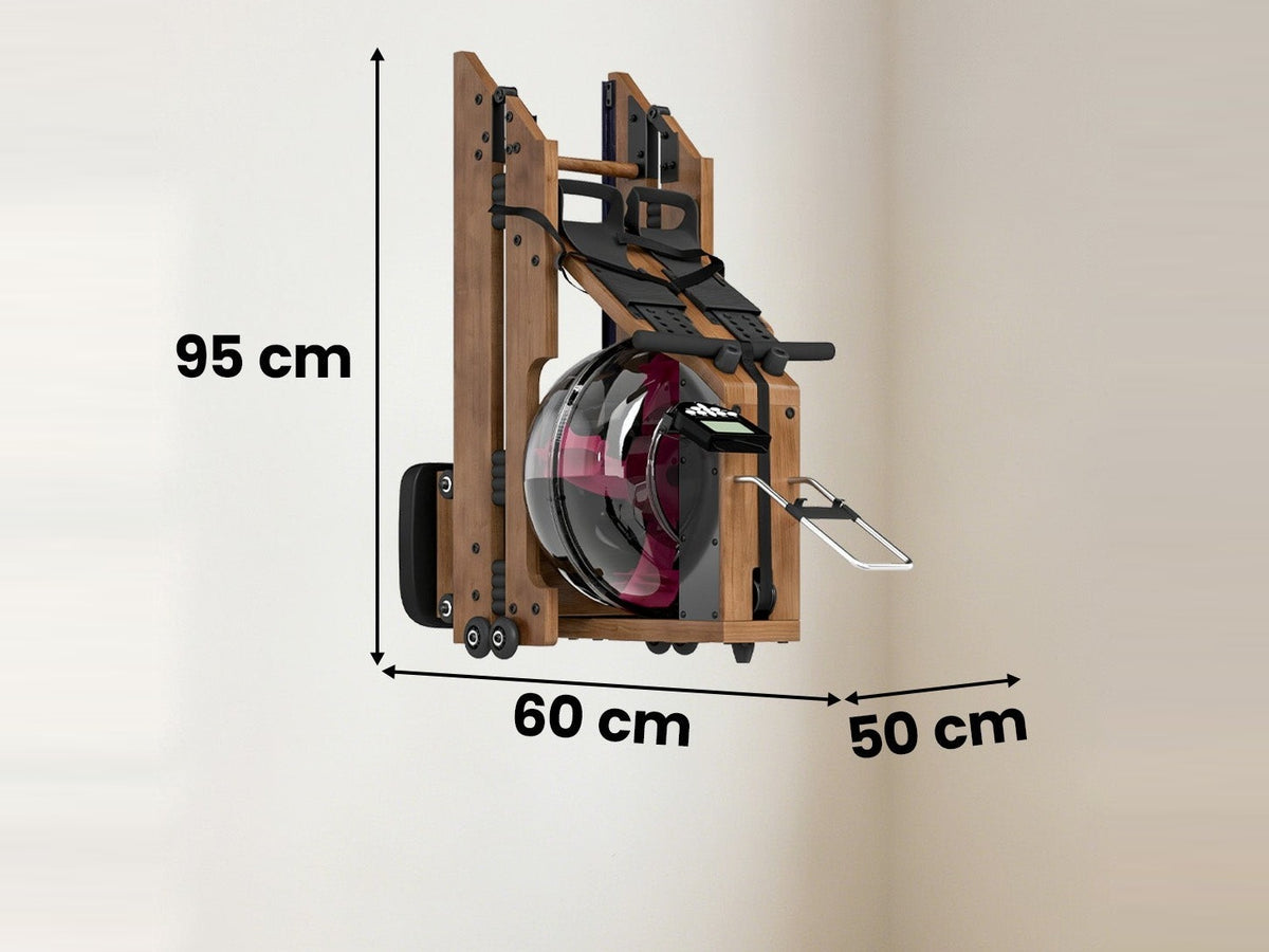 Dimensions du rameur plié : 95 cm de haut, 60 × 50 cm au sol